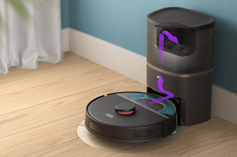 Die Funktionsweise der Absaugstation des Philips HomeRun ist zu sehen.